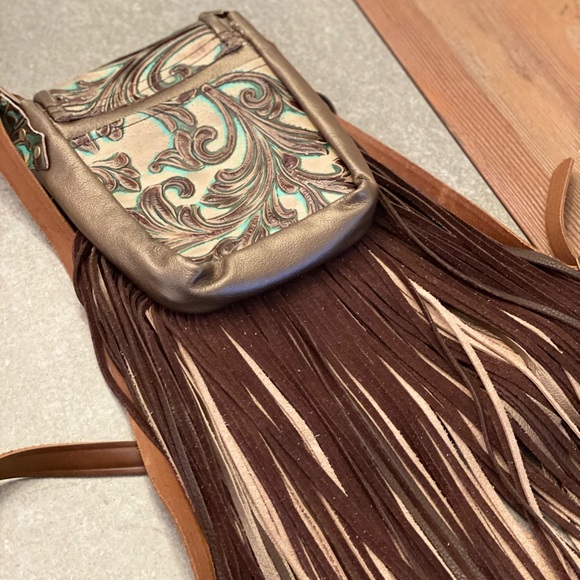 Metallic bronze and accents in turquoise and brown embossed crossbody purse - Picture 4 of 15